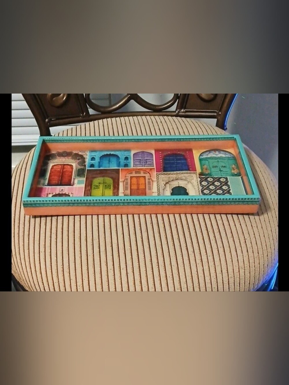 (The BombayStore) Vibrant Multicolor Decorative Tray with Teal Trim